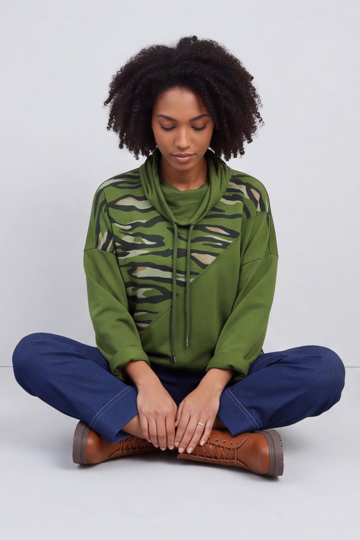 Lydia Cowl Print Cotton Top Olive – image 1 of 6