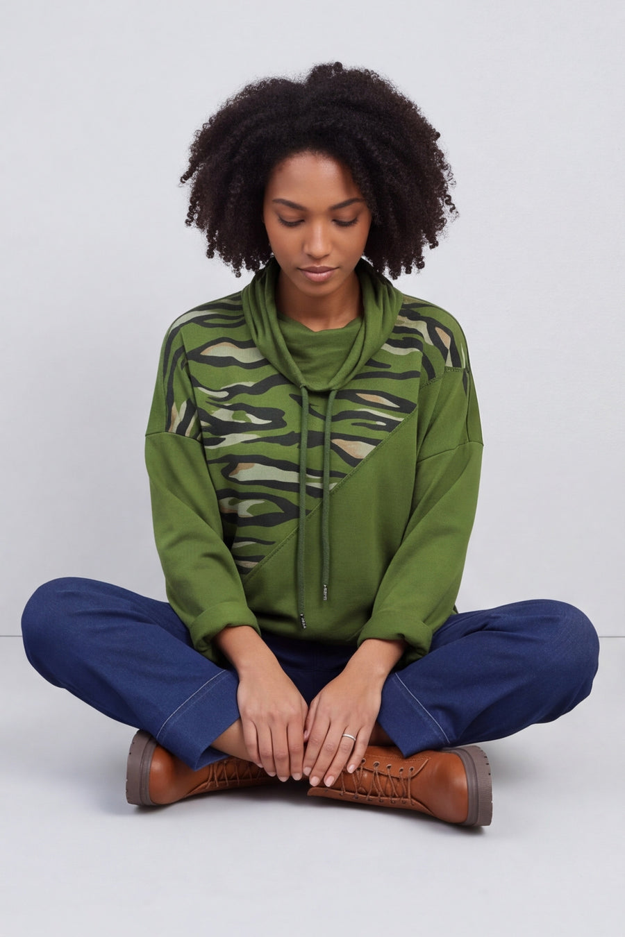 Lydia Cowl Print Cotton Top Olive – image 1 of 6