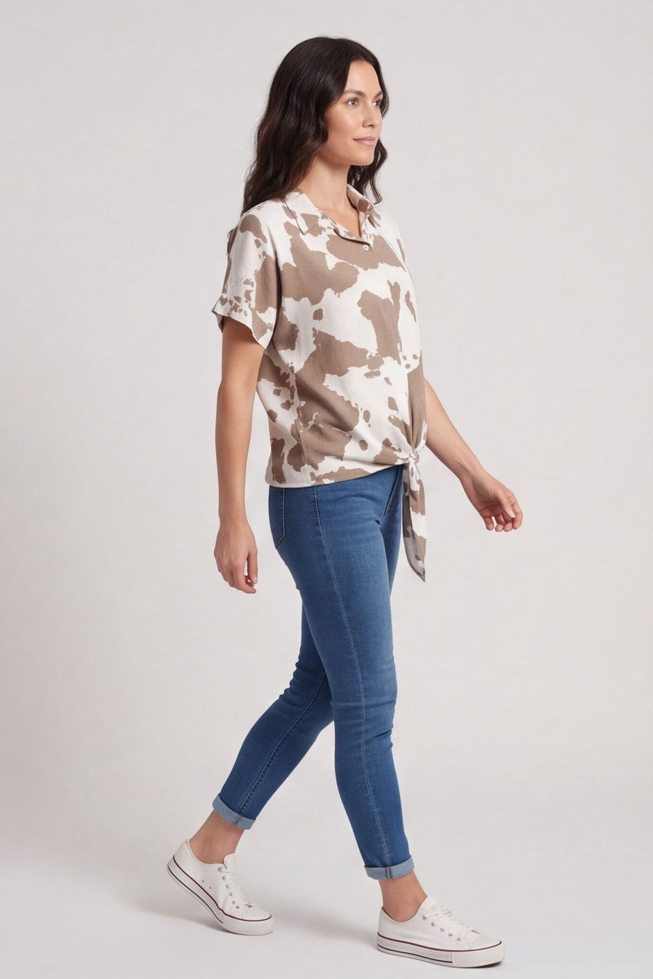 Edna Print Tie Shirt Mocha – image 1 of 5