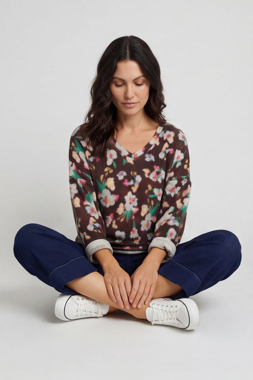 Kirsty Flower V-Neck Knit Top Cocoa – image 1 of 6