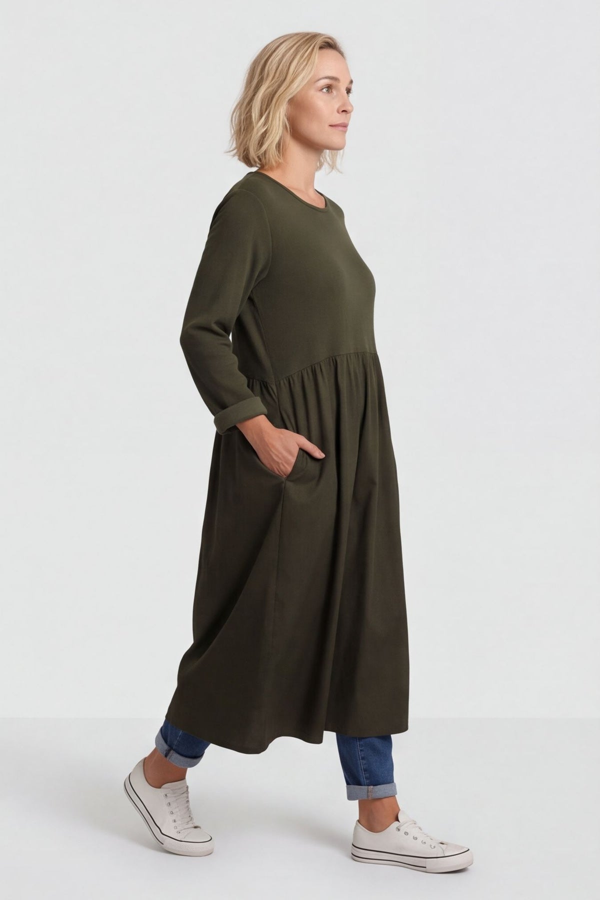 Tina Ribbed Detail Cotton Dress Khaki – image 1 of 6