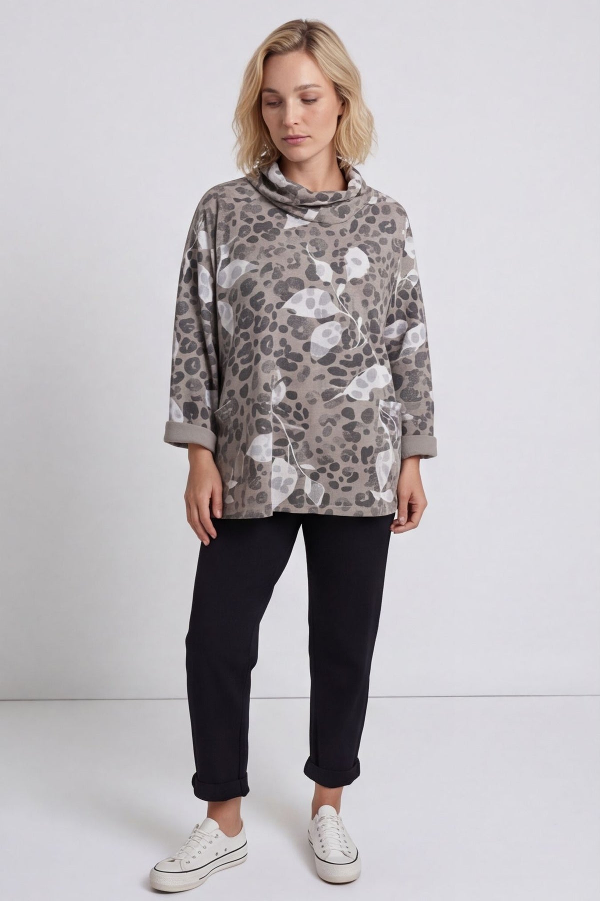 Beryl Print Cowl Neck Cotton Top Mocha – image 1 of 4