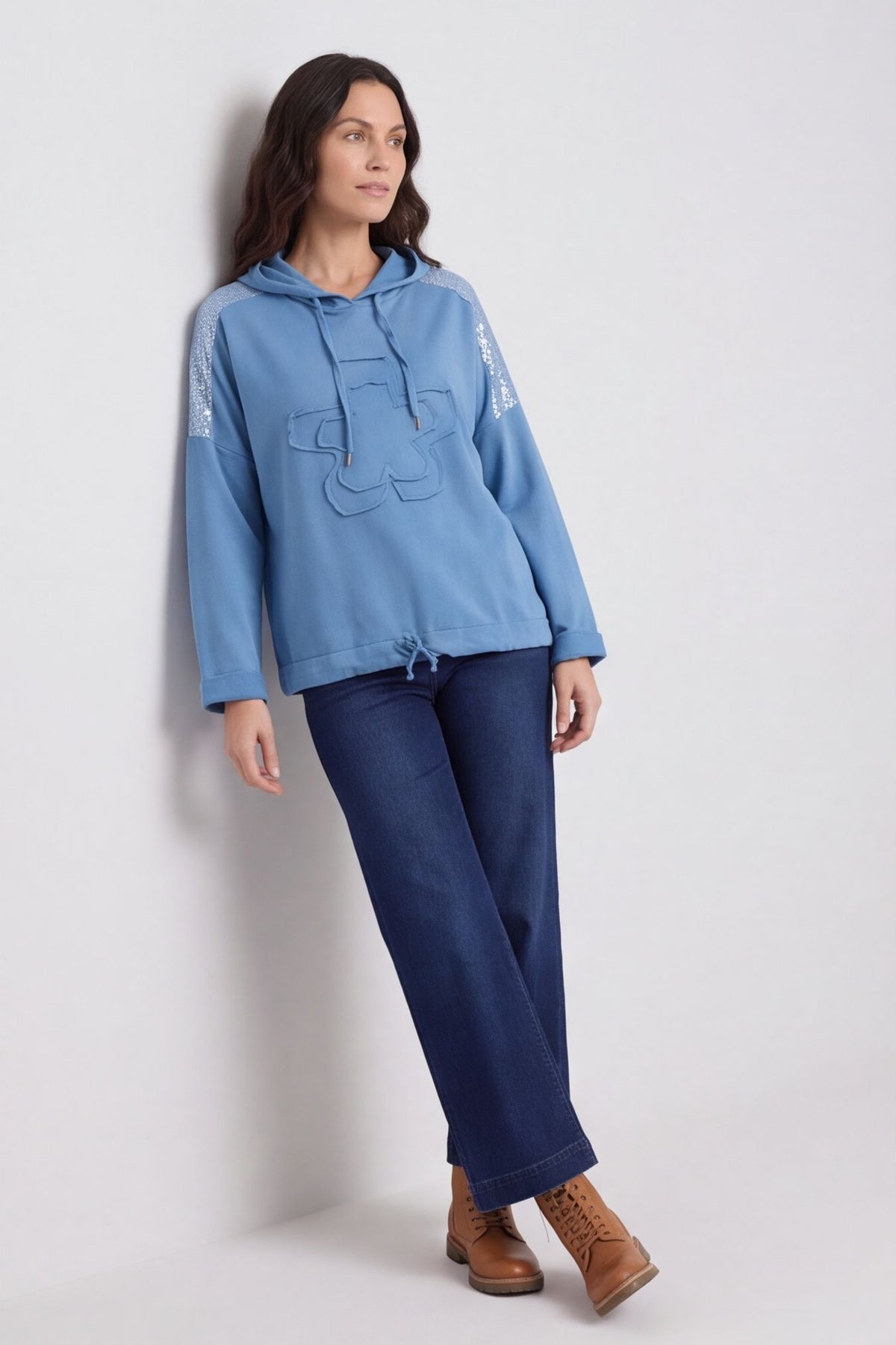 Betsy Flower Patch Hooded Cotton Top Blue – image 1 of 6
