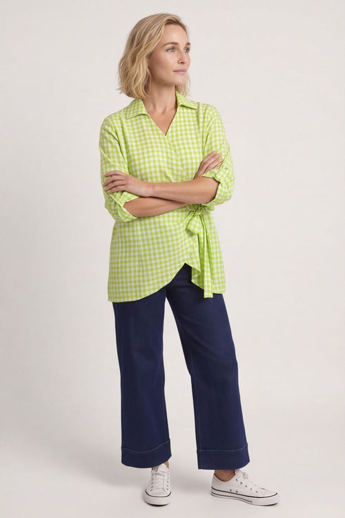 Shyla Gingham Wrap Cotton Top Lime – image 1 of 5