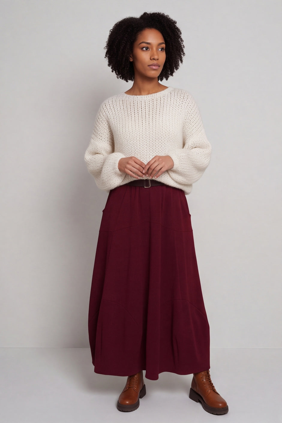 Georgetta Belted Cotton Skirt Wine – image 1 of 6