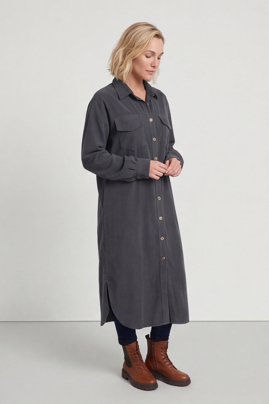 Dezi Needlecord Shirt Dress Charcoal – image 1 of 6