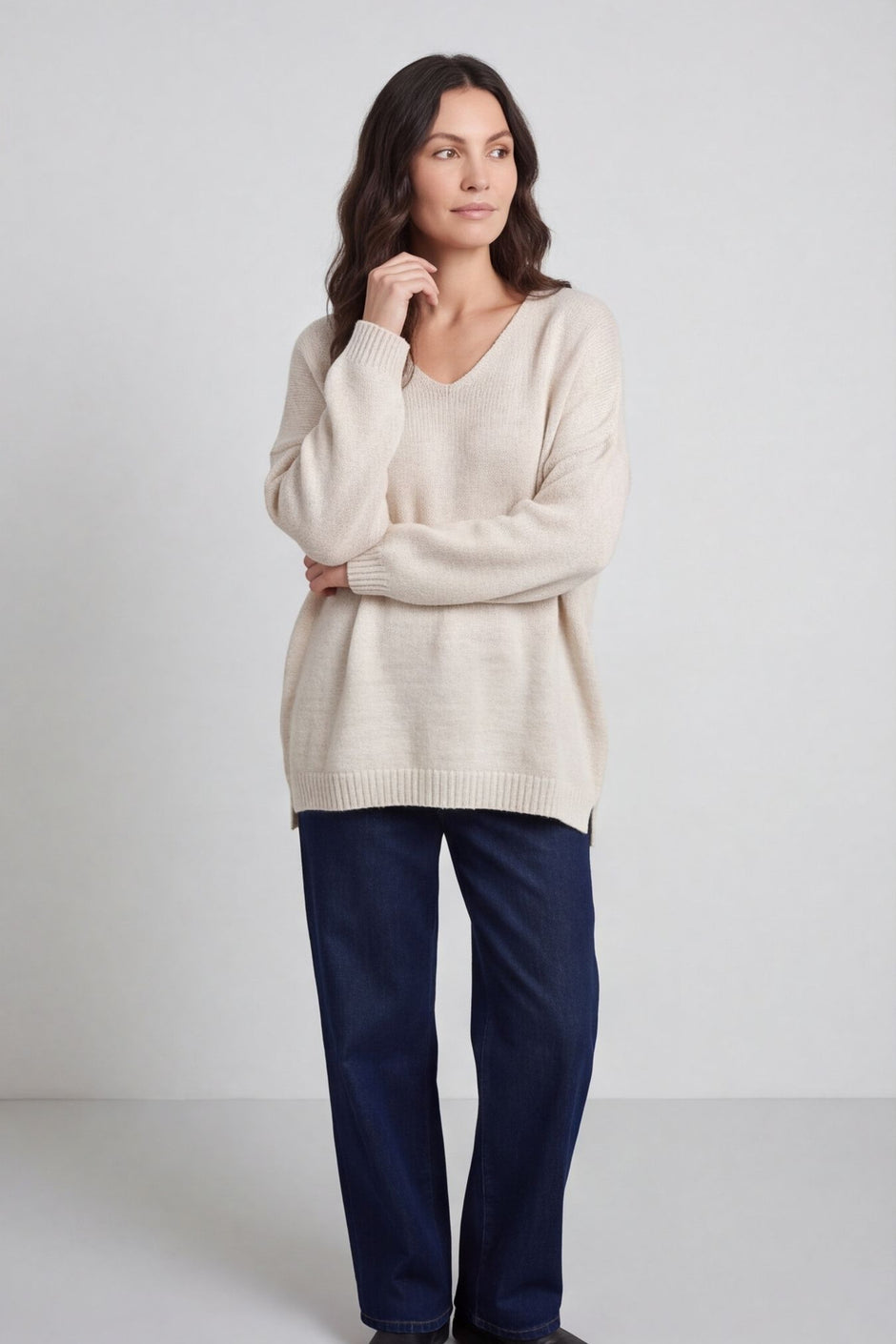 Josephine V-Neck Knitted Jumper Stone – image 1 of 5