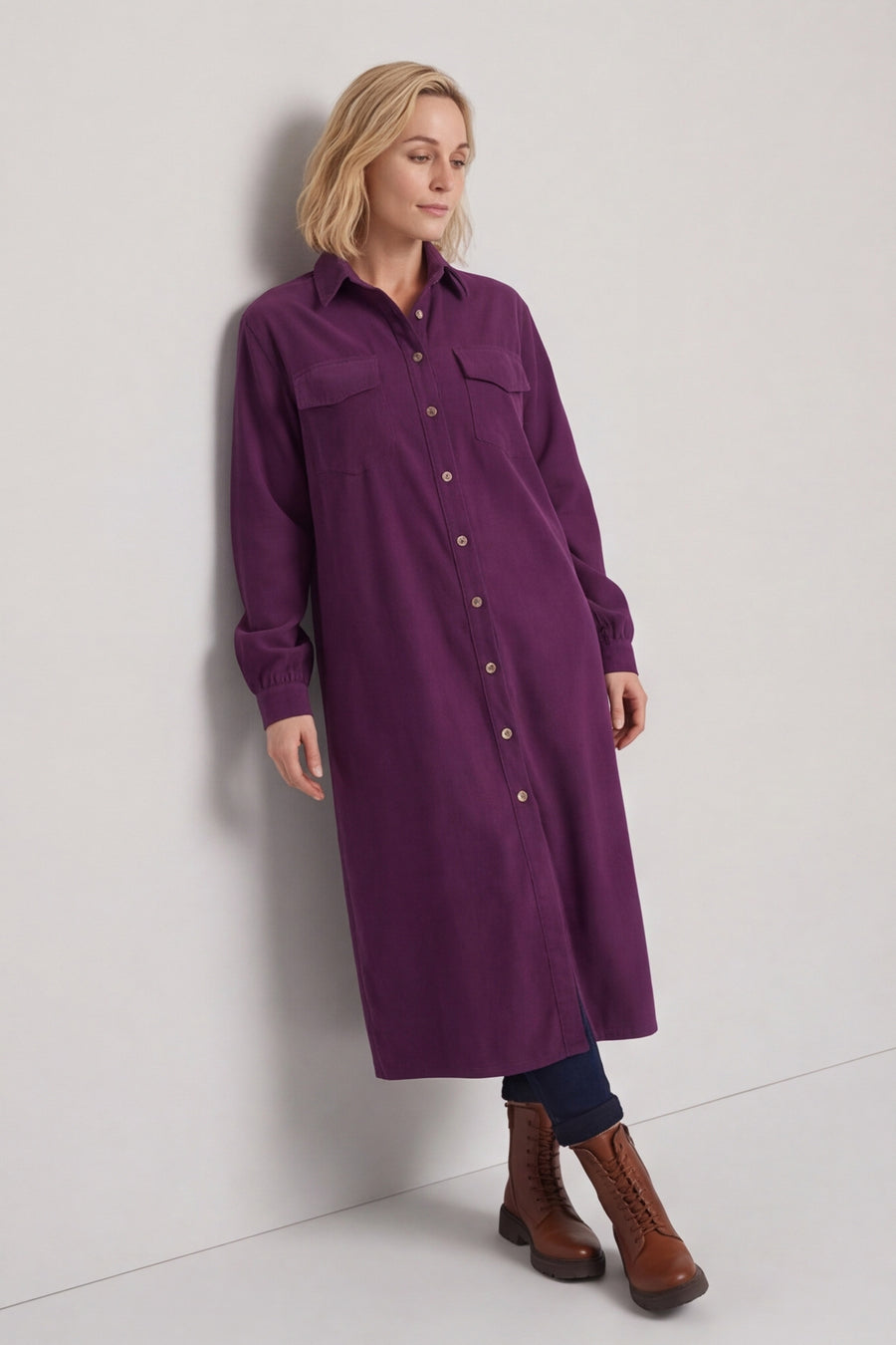 Dezi Needlecord Shirt Dress Purple – image 1 of 6