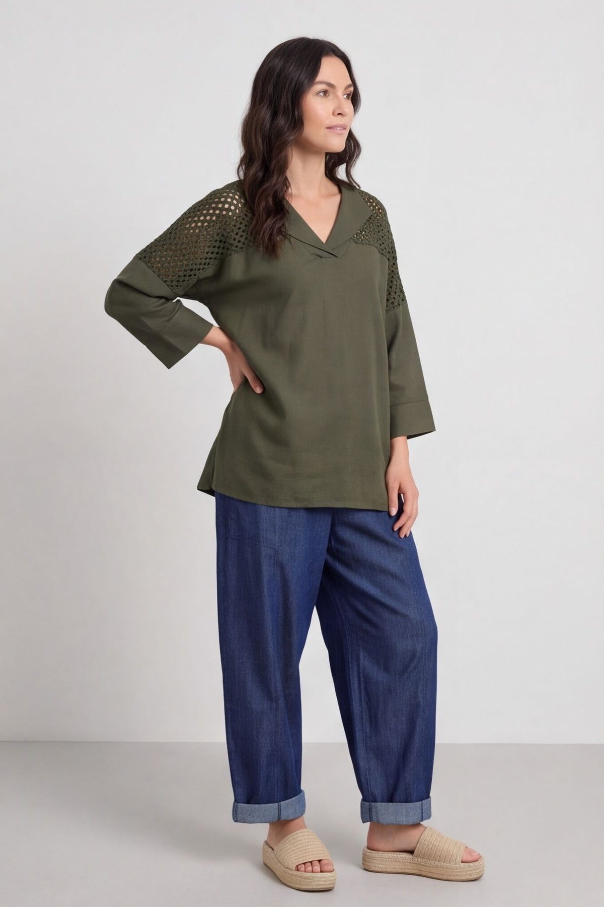 Natasha Crochet Shoulder Linen Top Dark Khaki – image 1 of 6