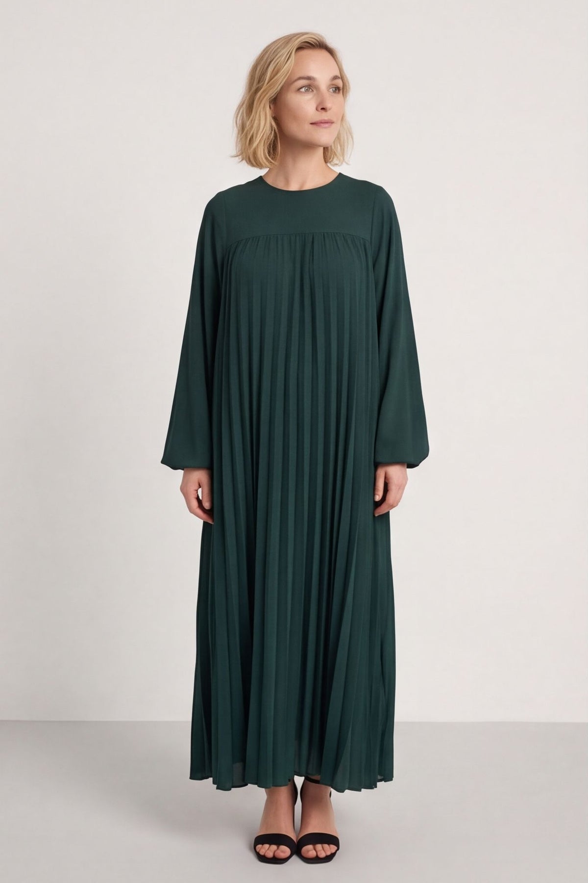 Renata Long Sleeve Pleated Dress Bottle Green – image 1 of 6