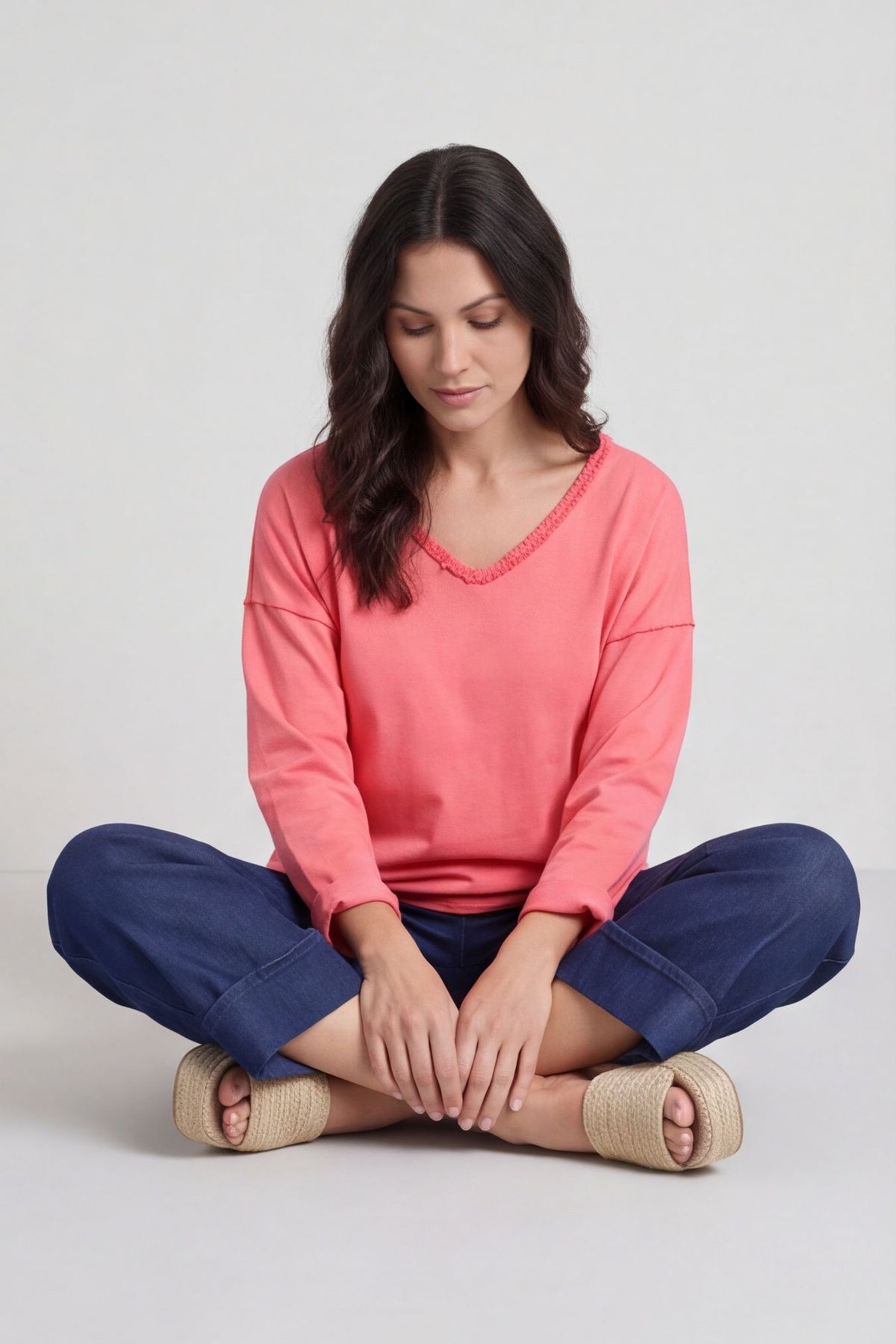 Kinsley Washed V-Neck Cotton Top Red – image 1 of 6