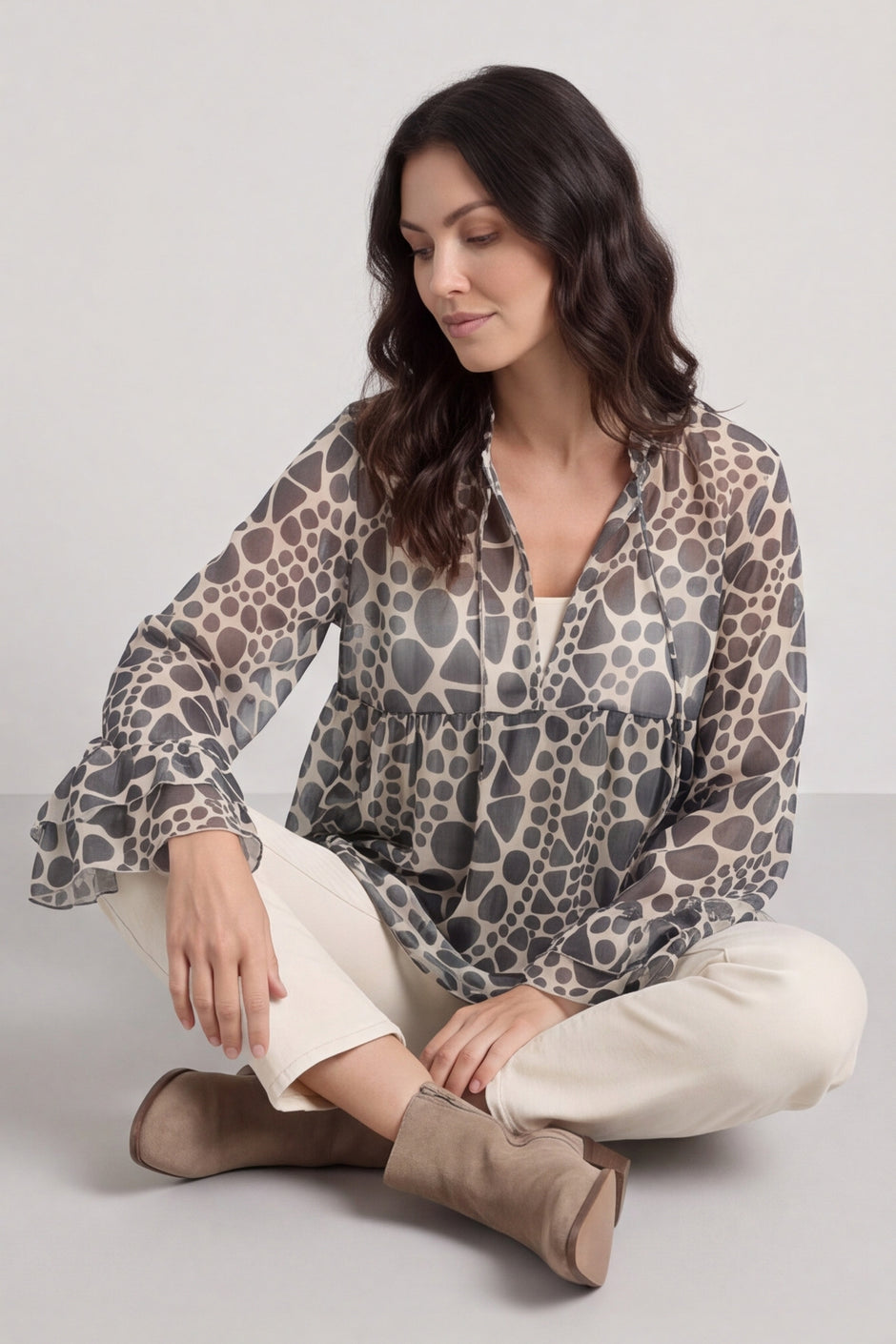 Edith Print Tie Front Top Khaki – image 1 of 6