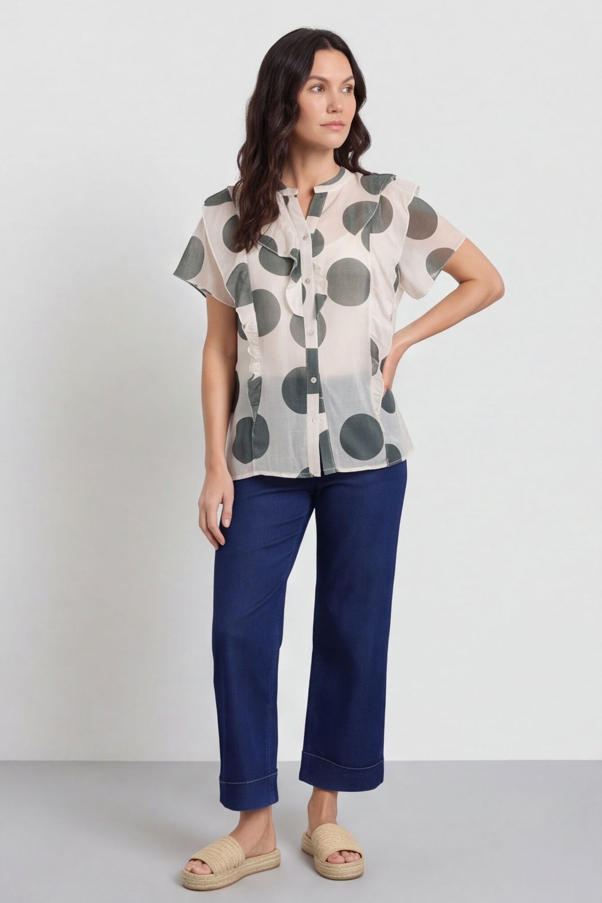 Skye Spot Print Frill Shirt Khaki – image 2 of 4