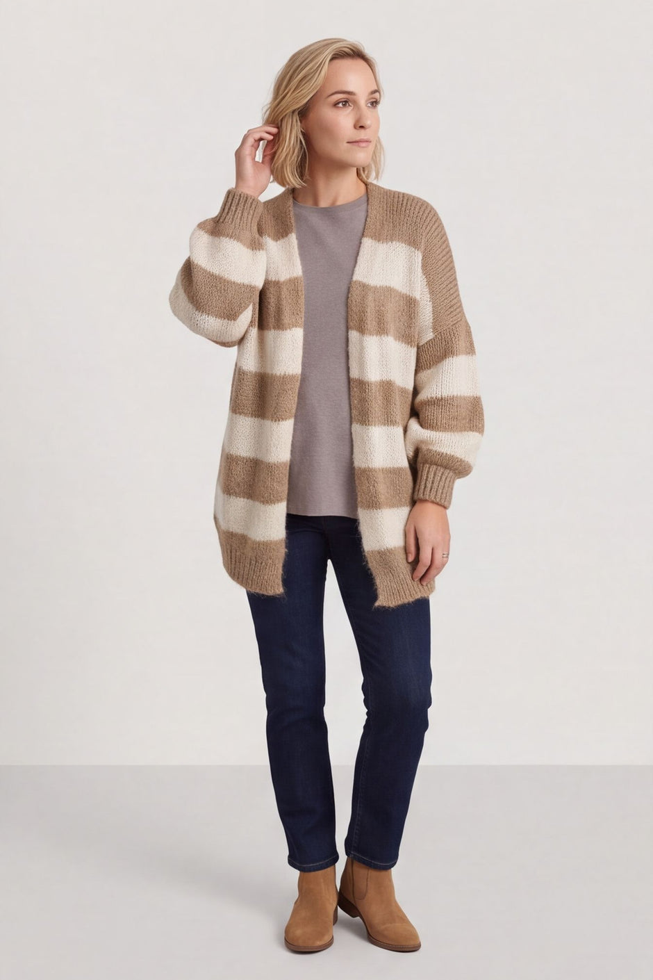 Kennedy Stripe Knitted Cardigan Camel – image 2 of 5