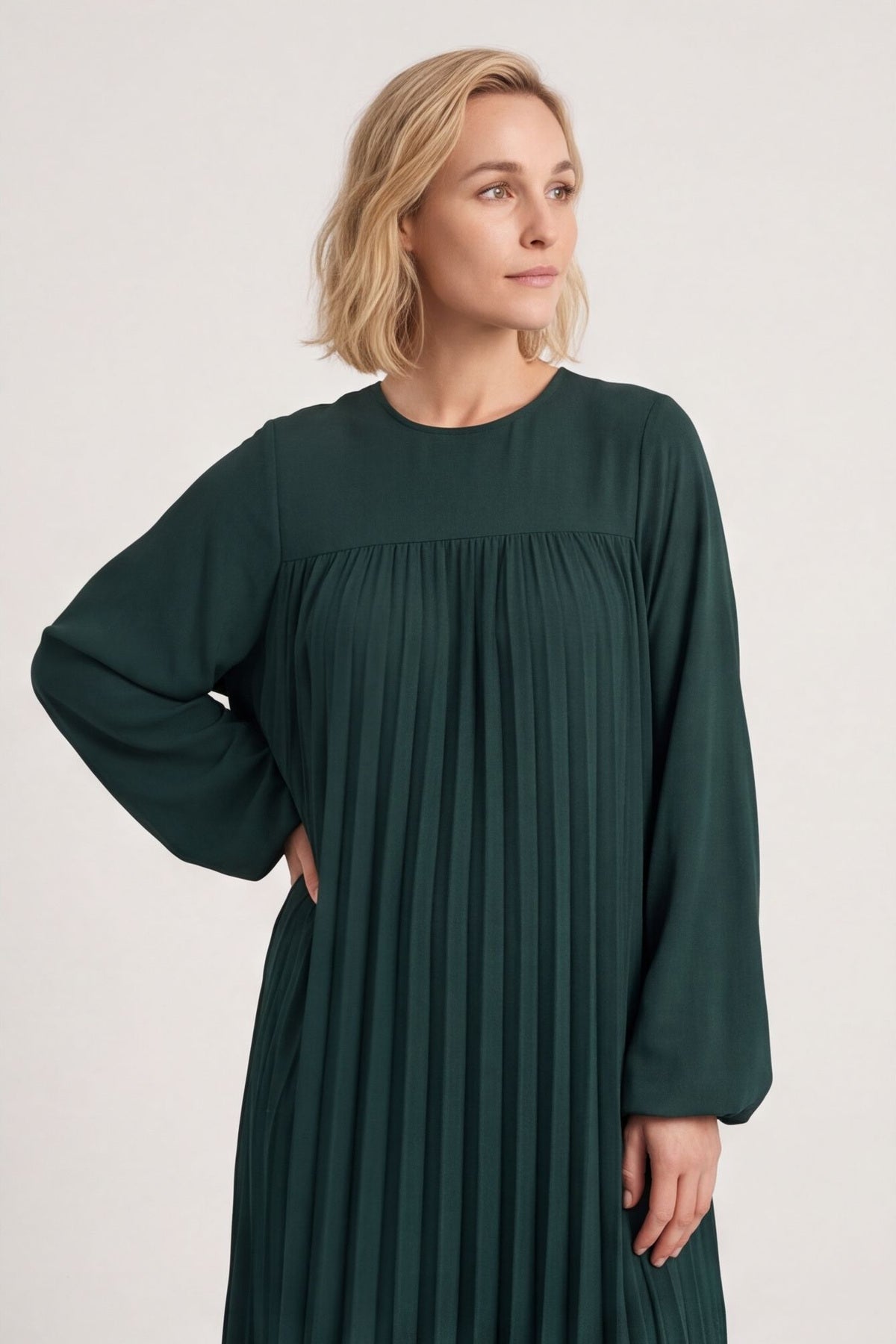 Renata Long Sleeve Pleated Dress Bottle Green – image 2 of 6