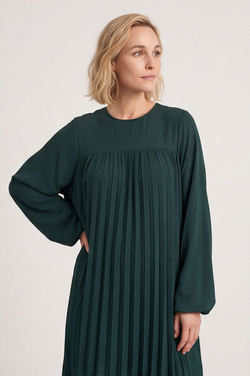 Renata Long Sleeve Pleated Dress Bottle Green – image 2 of 6
