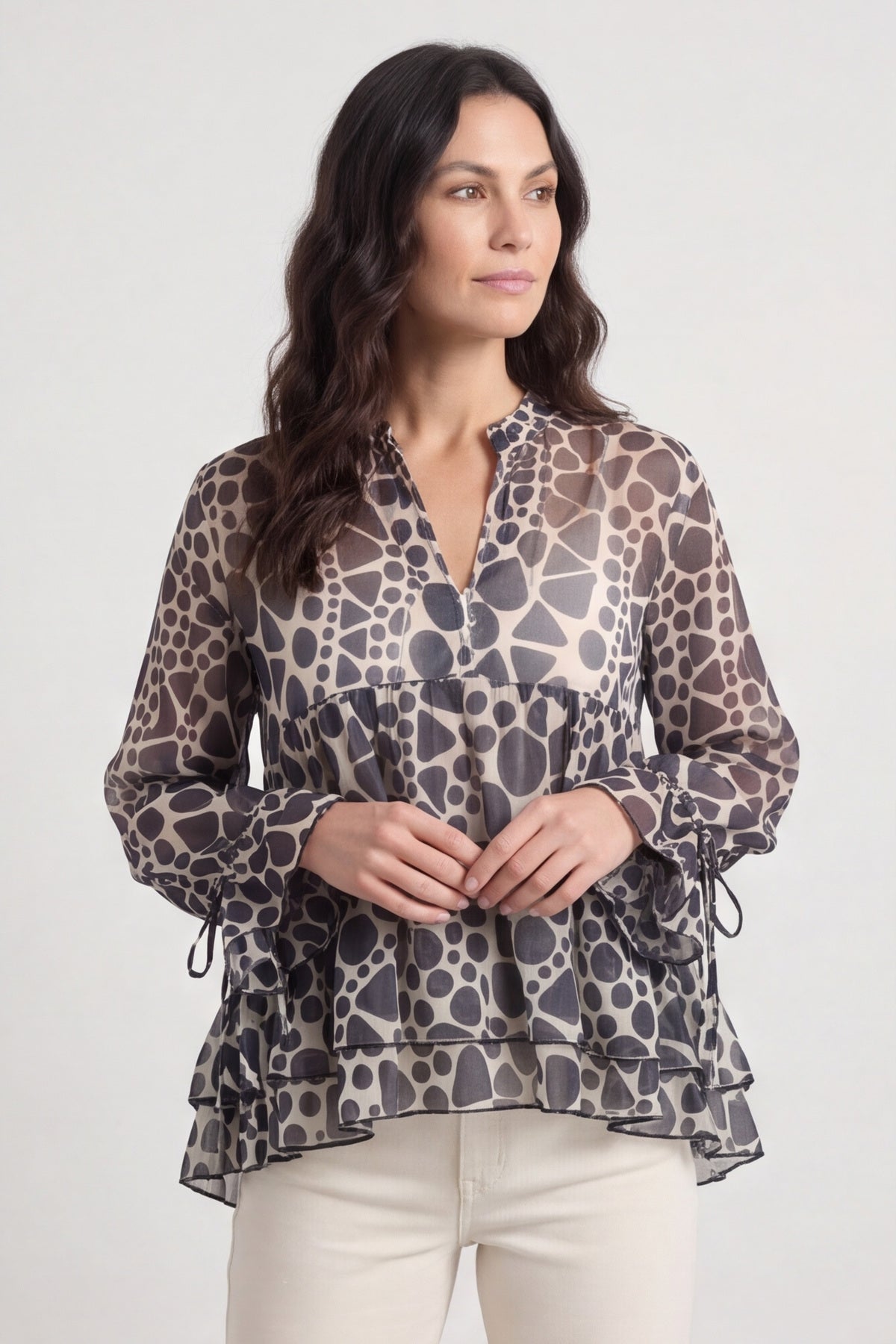 Edith Print Tie Front Top Charcoal – image 2 of 6