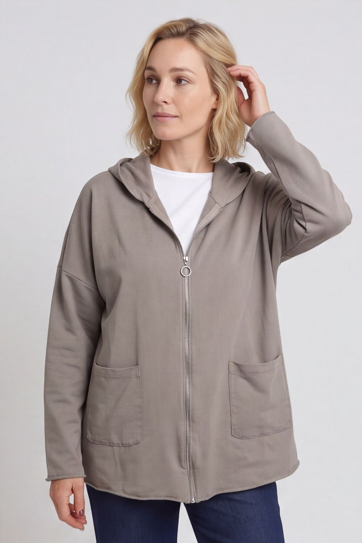 Dariana Zip Hooded Cotton Top Mocha – image 2 of 6