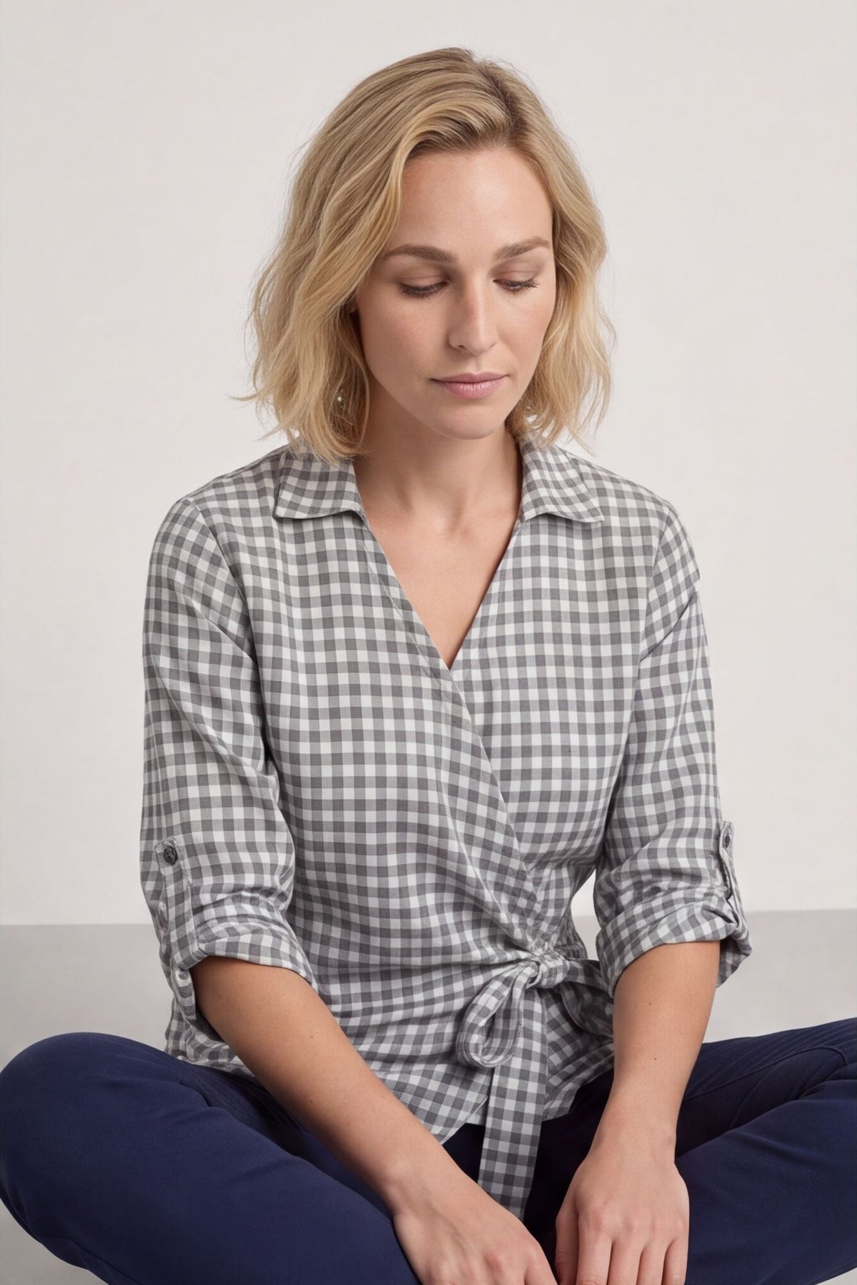 Shyla Gingham Wrap Cotton Top Mid Grey – image 2 of 6