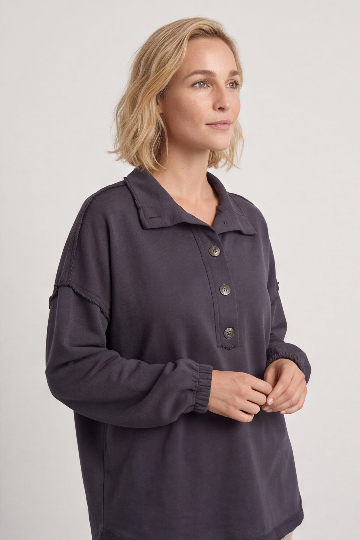 Sybil Button Cotton Sweatshirt Charcoal – image 2 of 5