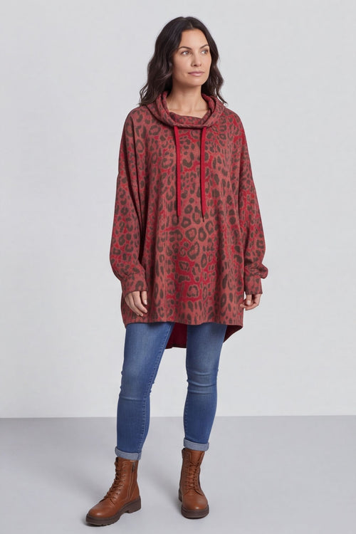 Shayla Leopard Hooded Cotton Top Red – image 1 of 4