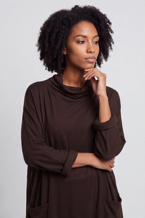 Libby Cowl Neck Cotton Dress Cocoa – image 2 of 6