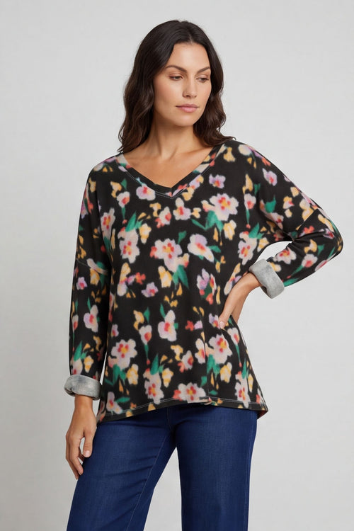 Kirsty Flower V-Neck Knit Top Black – image 2 of 6