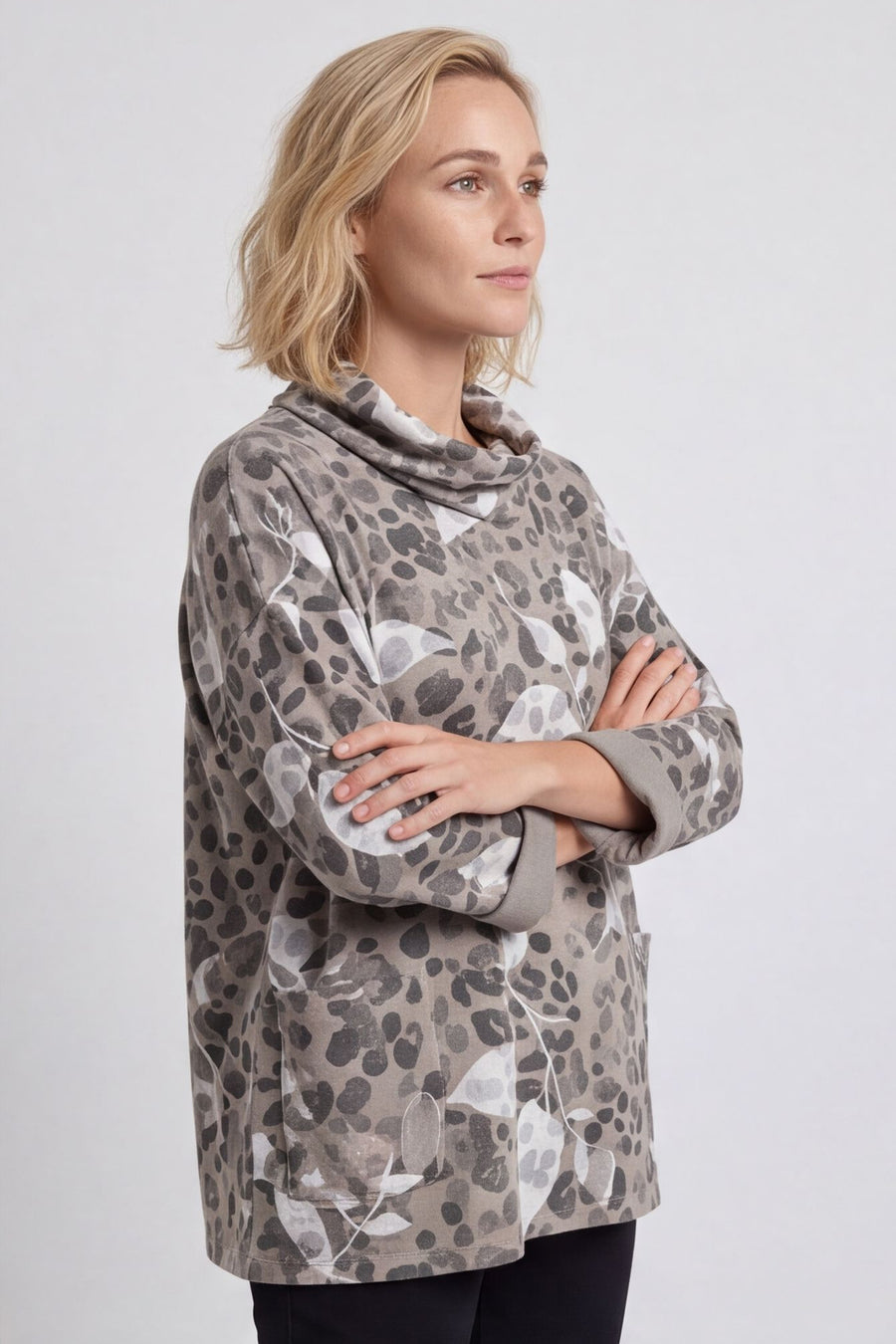 Beryl Print Cowl Neck Cotton Top Mocha – image 2 of 4
