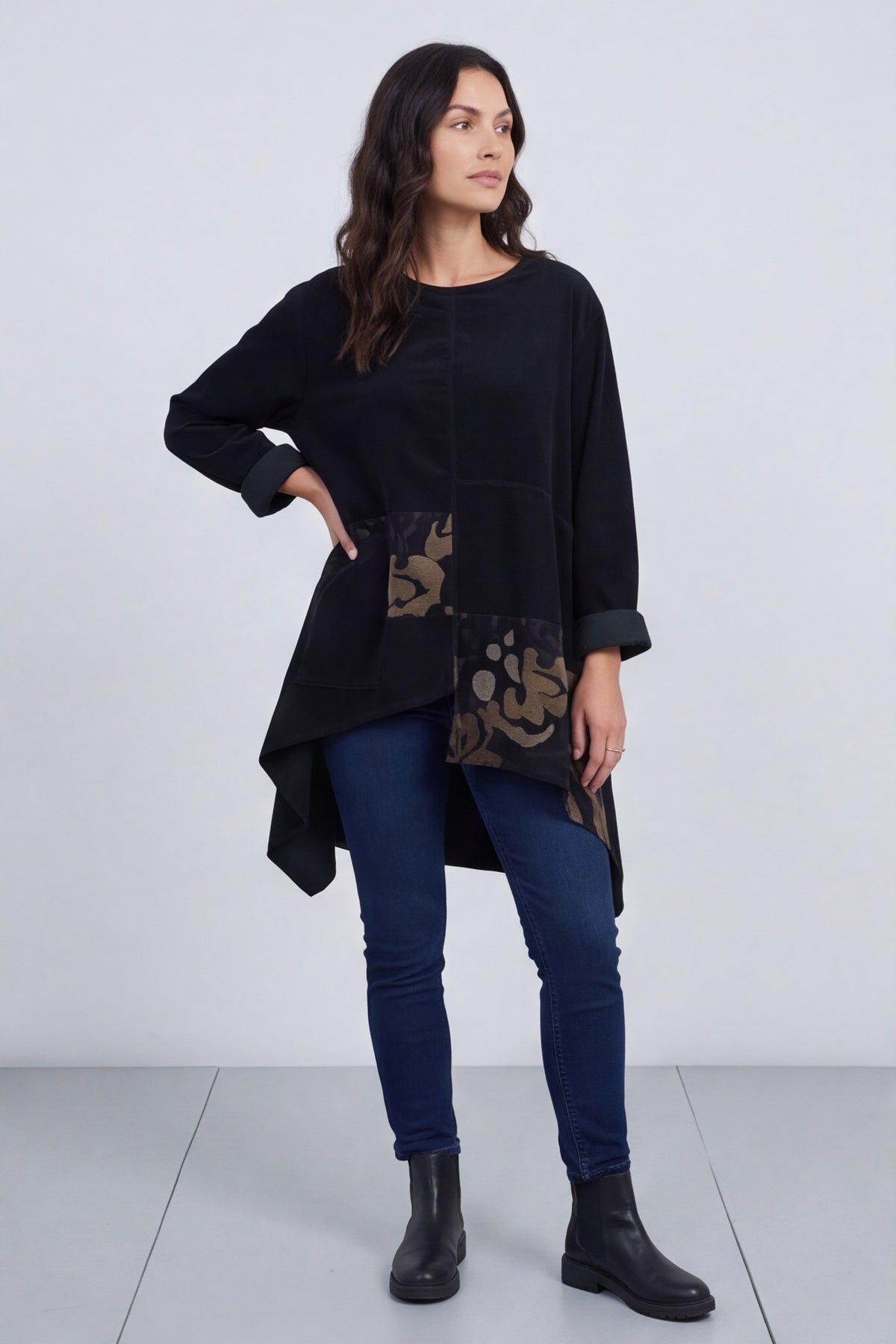 Berenice Print Detail Needlecord Top Black – image 2 of 6