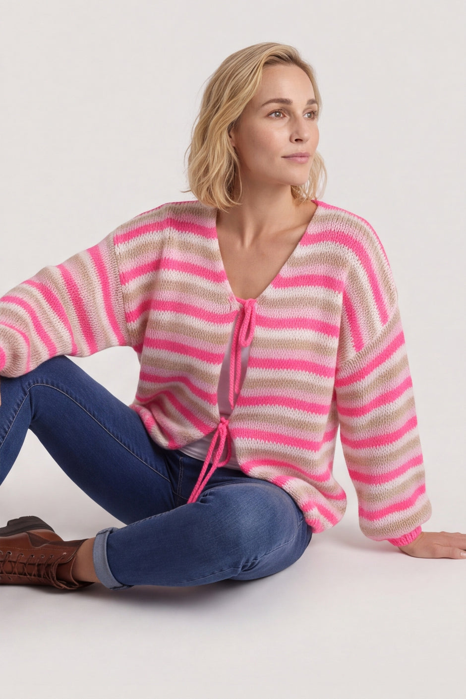 Merlyn Stripe Tie Knitted Cardigan Fuchsia – image 2 of 6