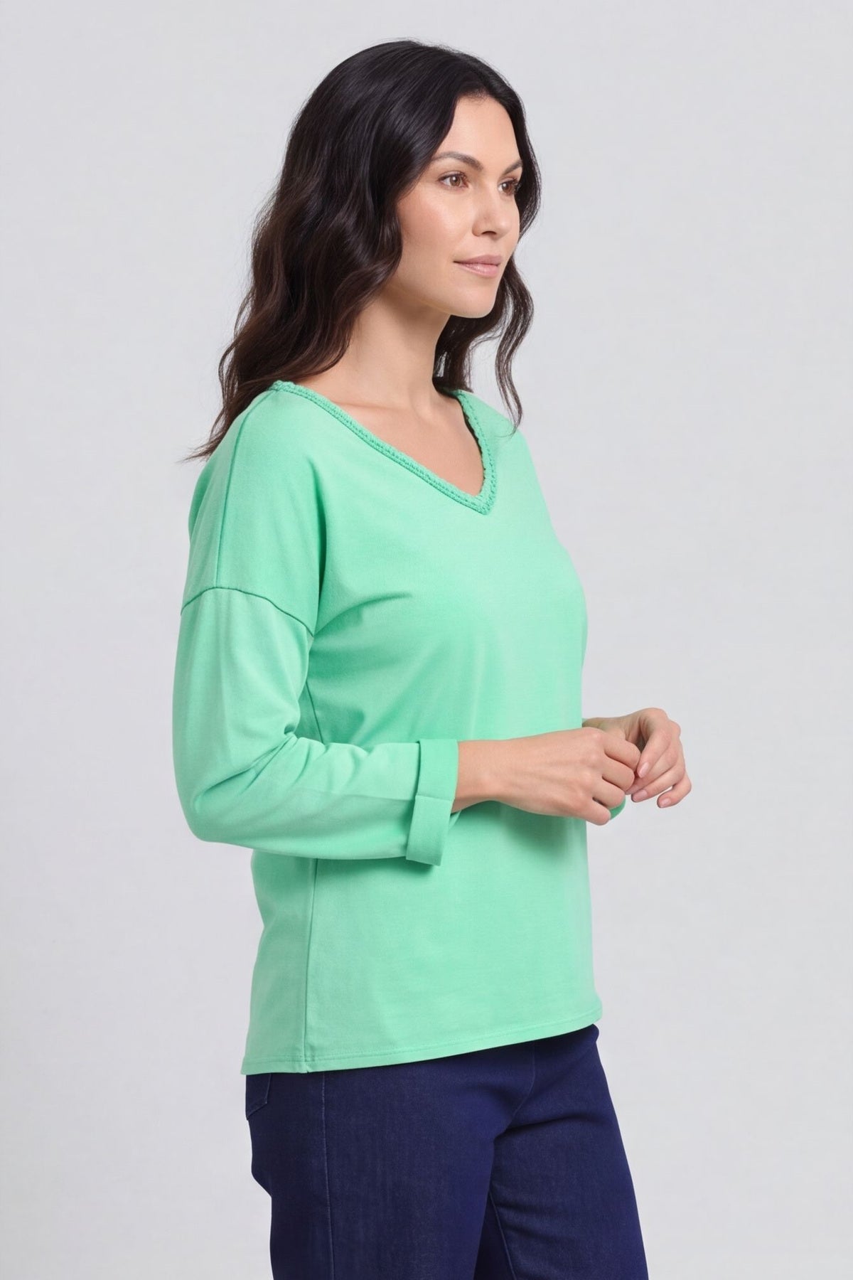 Kinsley Washed V-Neck Cotton Top Green – image 2 of 6