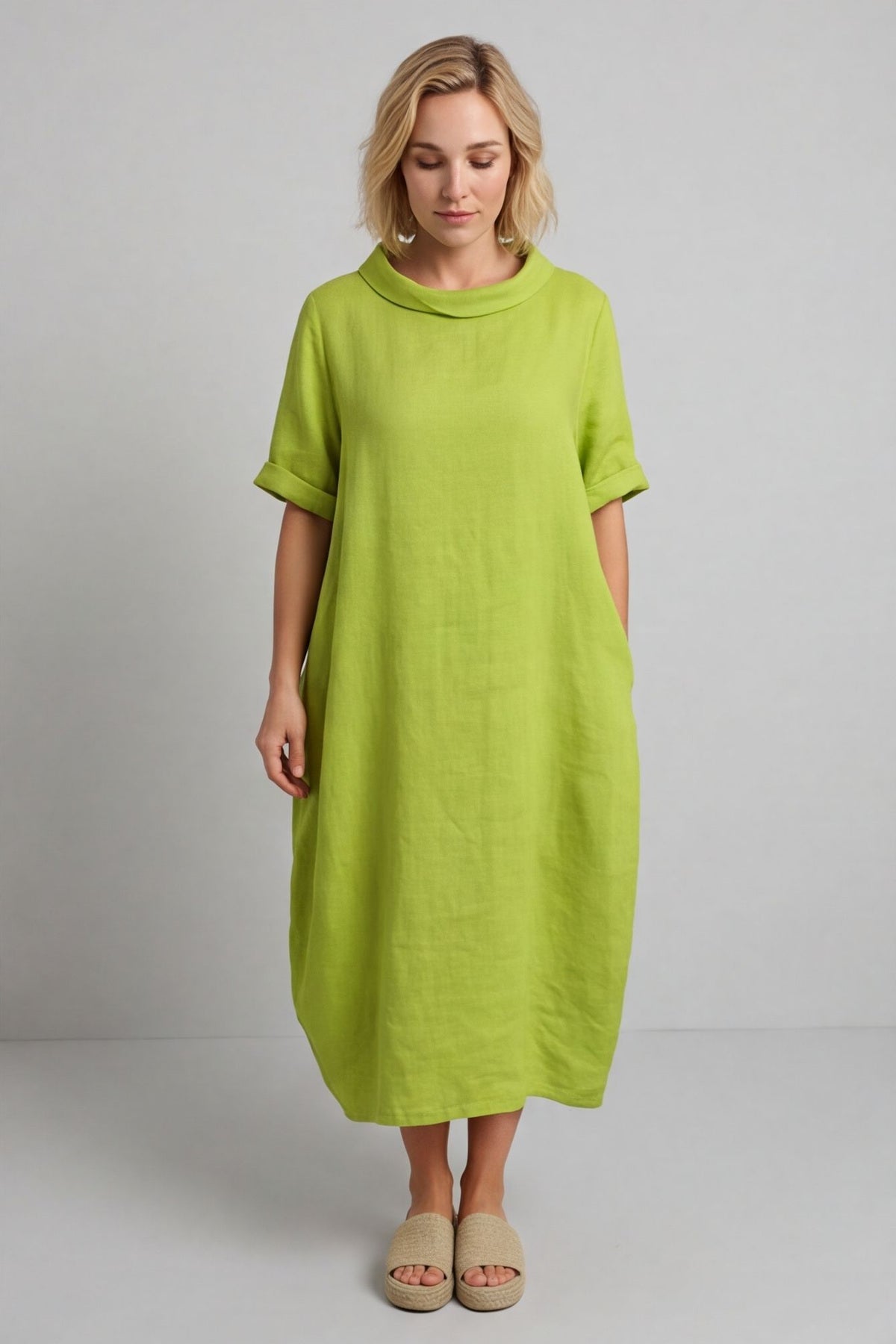 Tasha Cowl Neck Linen Dress Olive – image 2 of 4