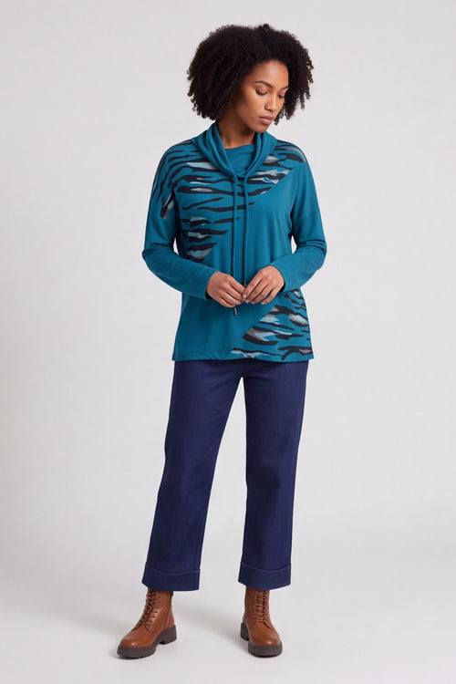 Lydia Cowl Print Cotton Top Teal – image 2 of 6