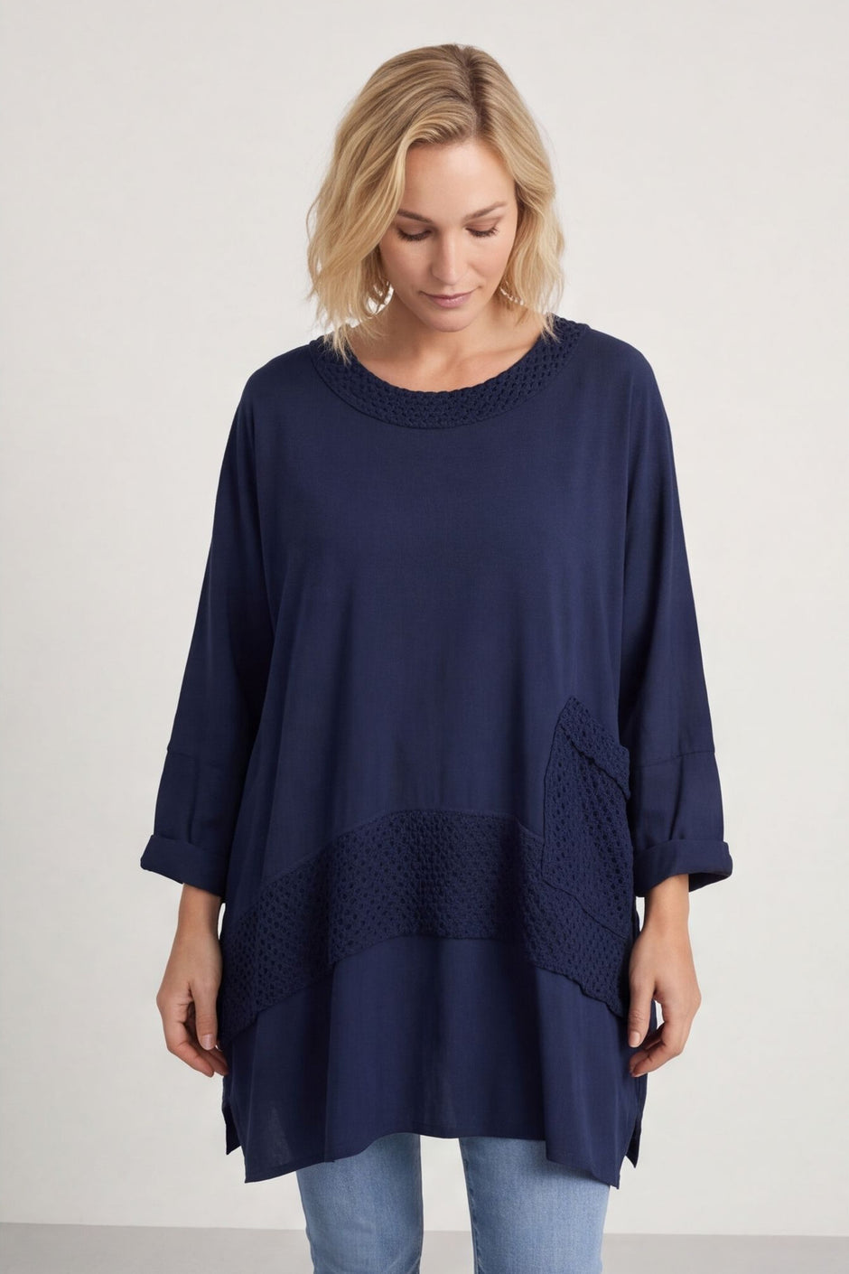 Mozelle Crochet Detail Cotton Top Navy – image 2 of 5