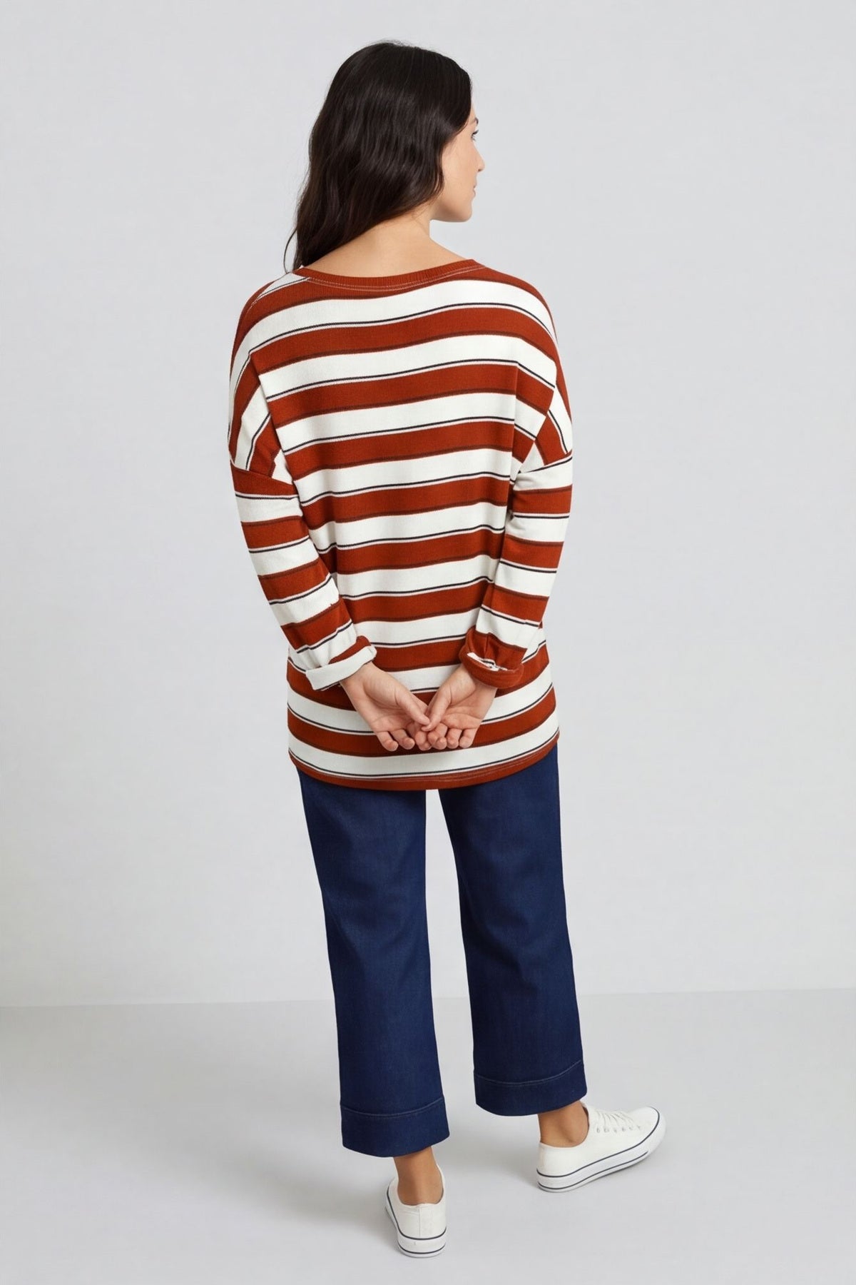 Kirsty Stripe V-Neck Knit Top Burnt Orange – image 2 of 6