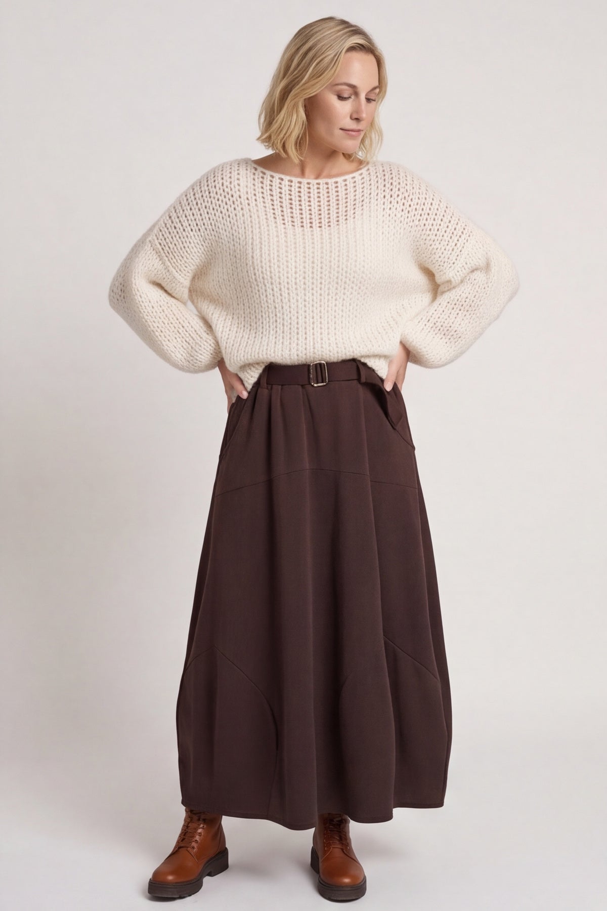 Georgetta Belted Cotton Skirt Cocoa – image 2 of 6