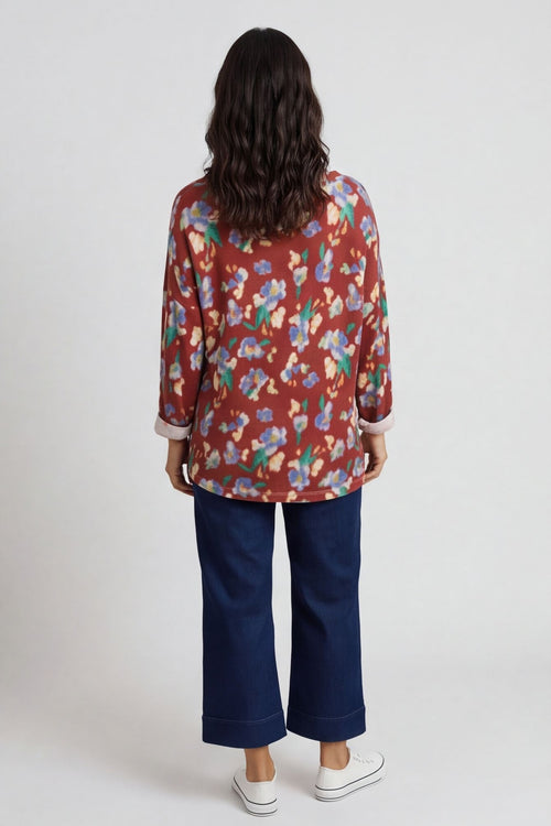 Kirsty Flower V-Neck Knit Top Wine – image 2 of 6