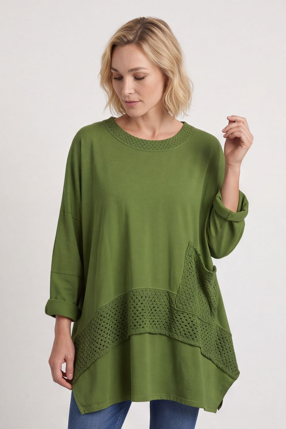 Mozelle Crochet Detail Cotton Top Olive – image 2 of 5