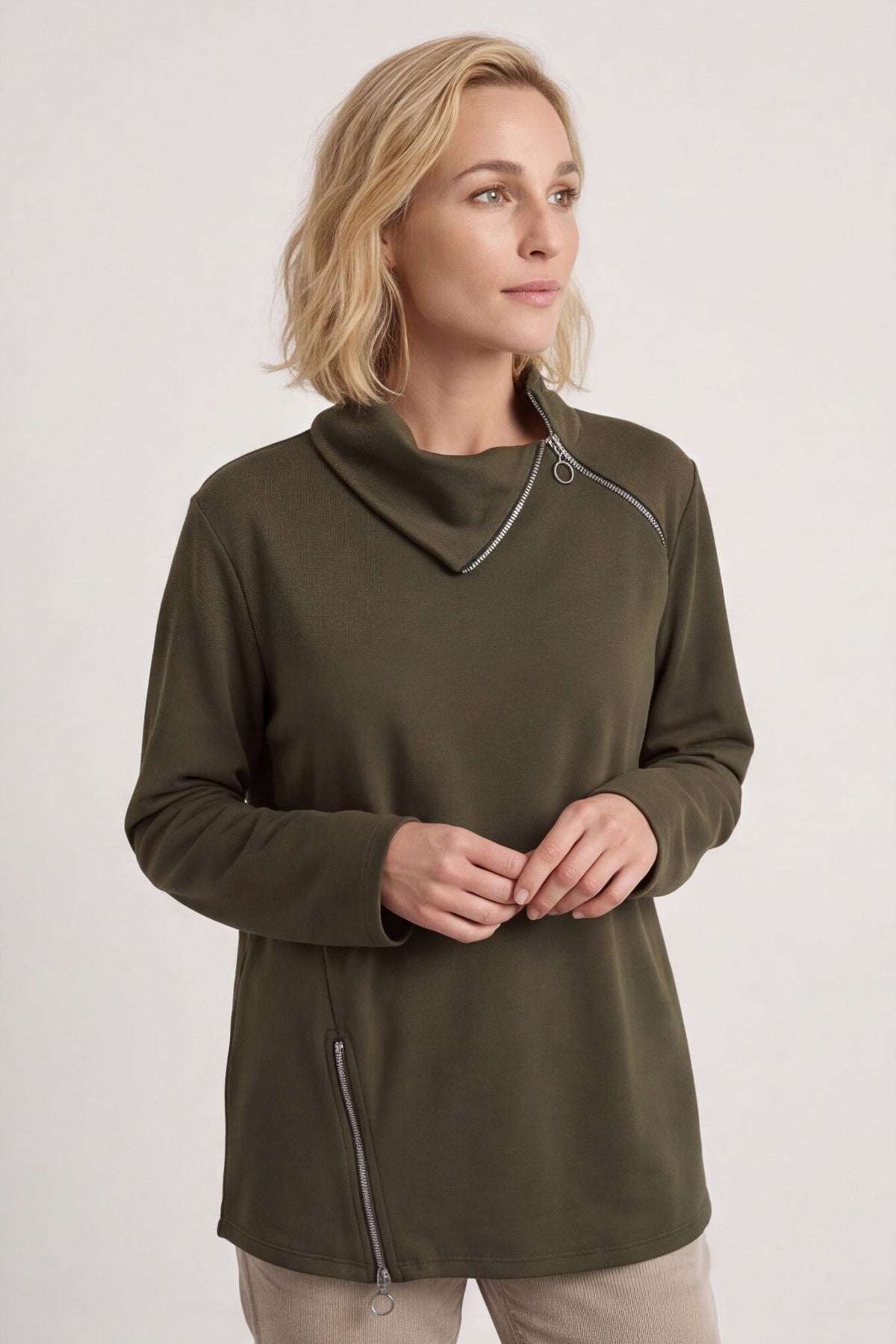 Shaye Zip Detail Cotton Top Khaki – image 2 of 6