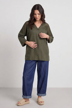 Natasha Crochet Shoulder Linen Top Dark Khaki – image 2 of 6