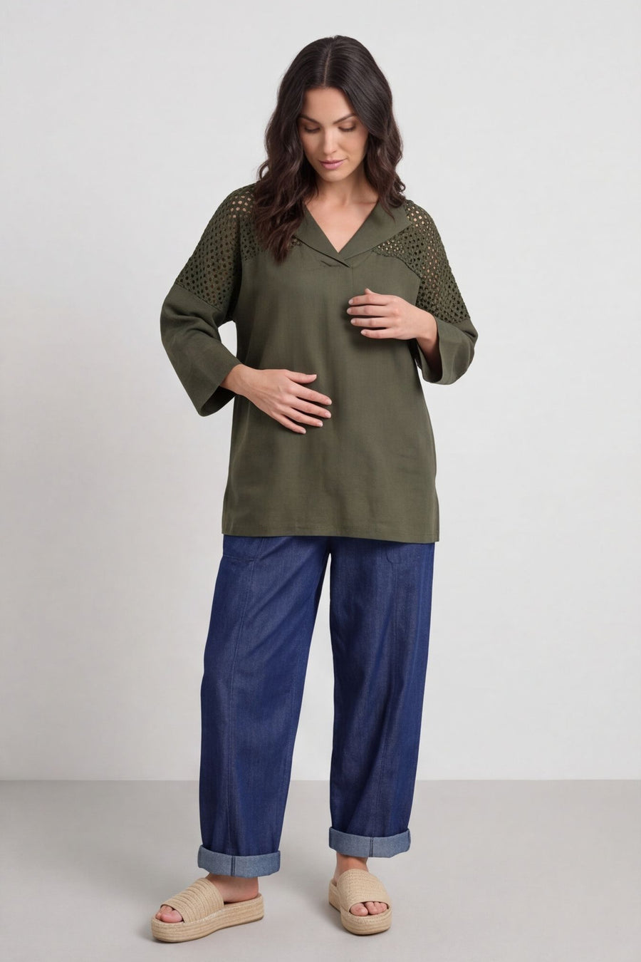 Natasha Crochet Shoulder Linen Top Dark Khaki – image 2 of 6