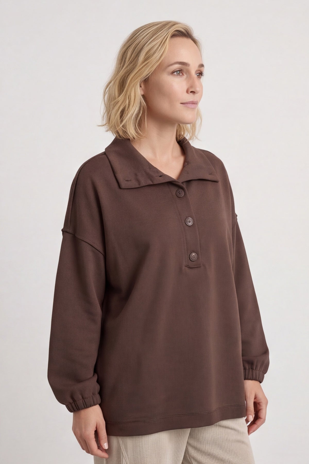 Sybil Button Cotton Sweatshirt Cocoa – image 2 of 6