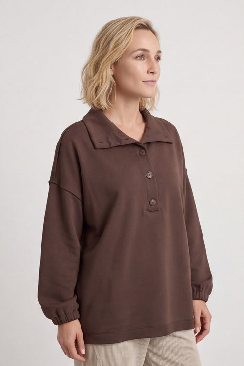 Sybil Button Cotton Sweatshirt Cocoa – image 2 of 6