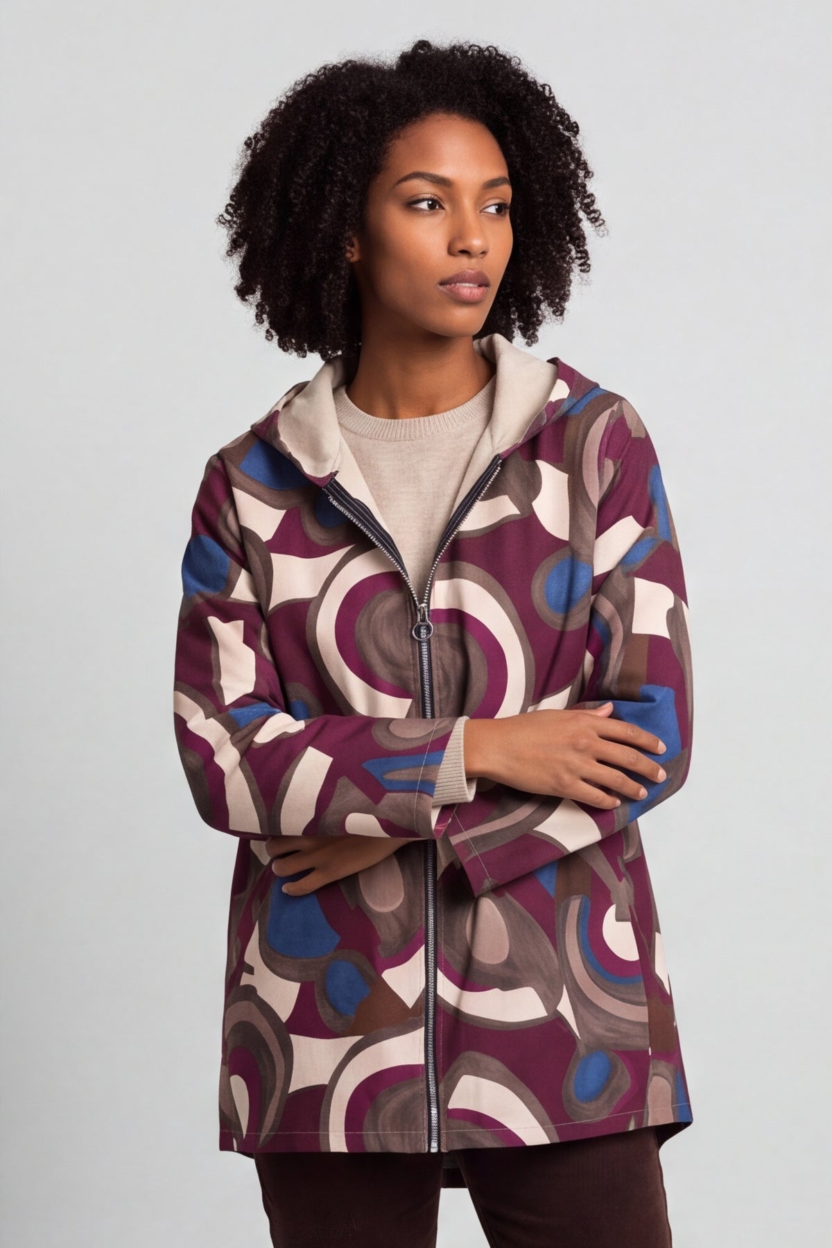 Cynthia Print Zip Hooded Jacket Wine – image 2 of 6