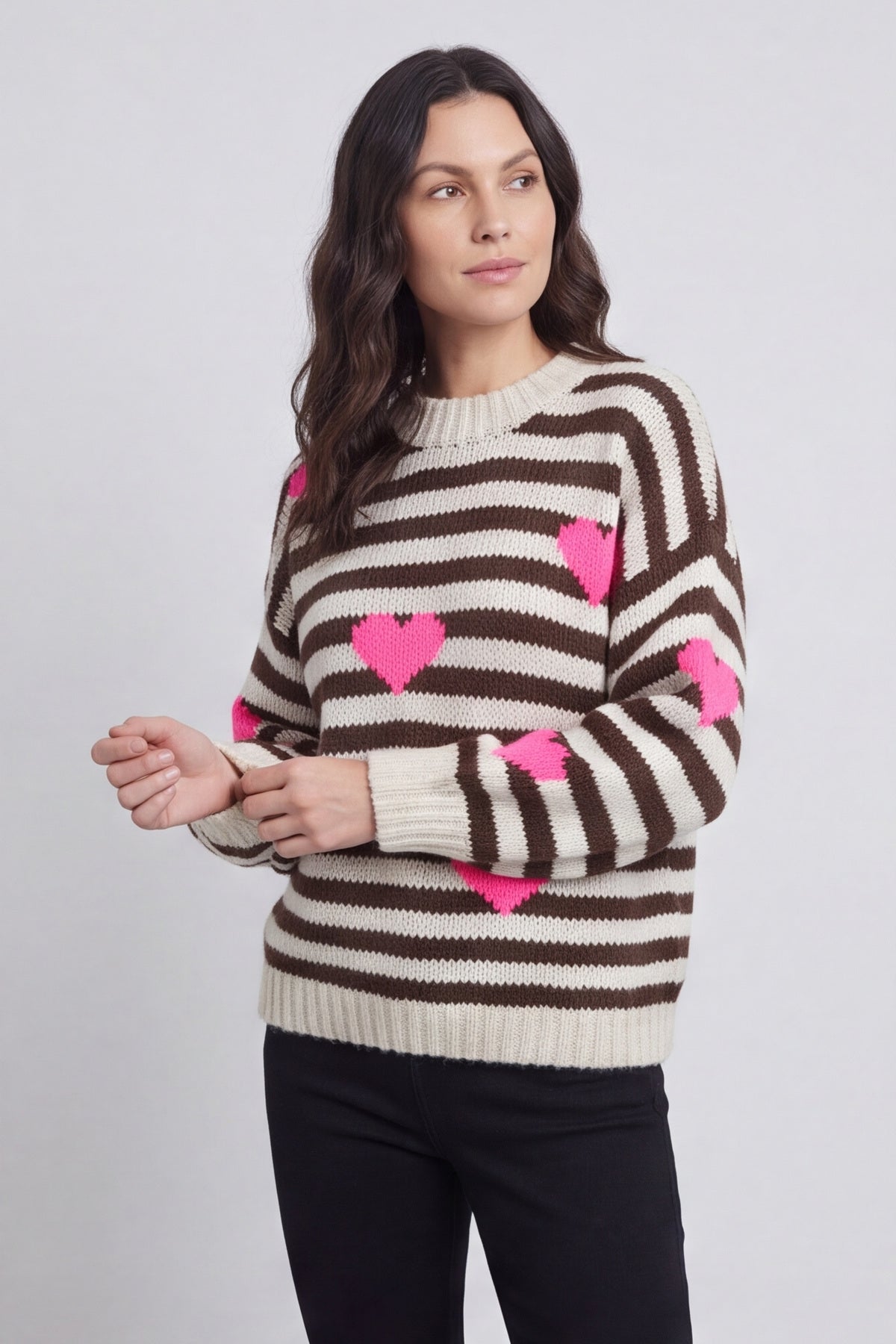 Carina Heart Stripe Knitted Jumper Stone – image 1 of 5