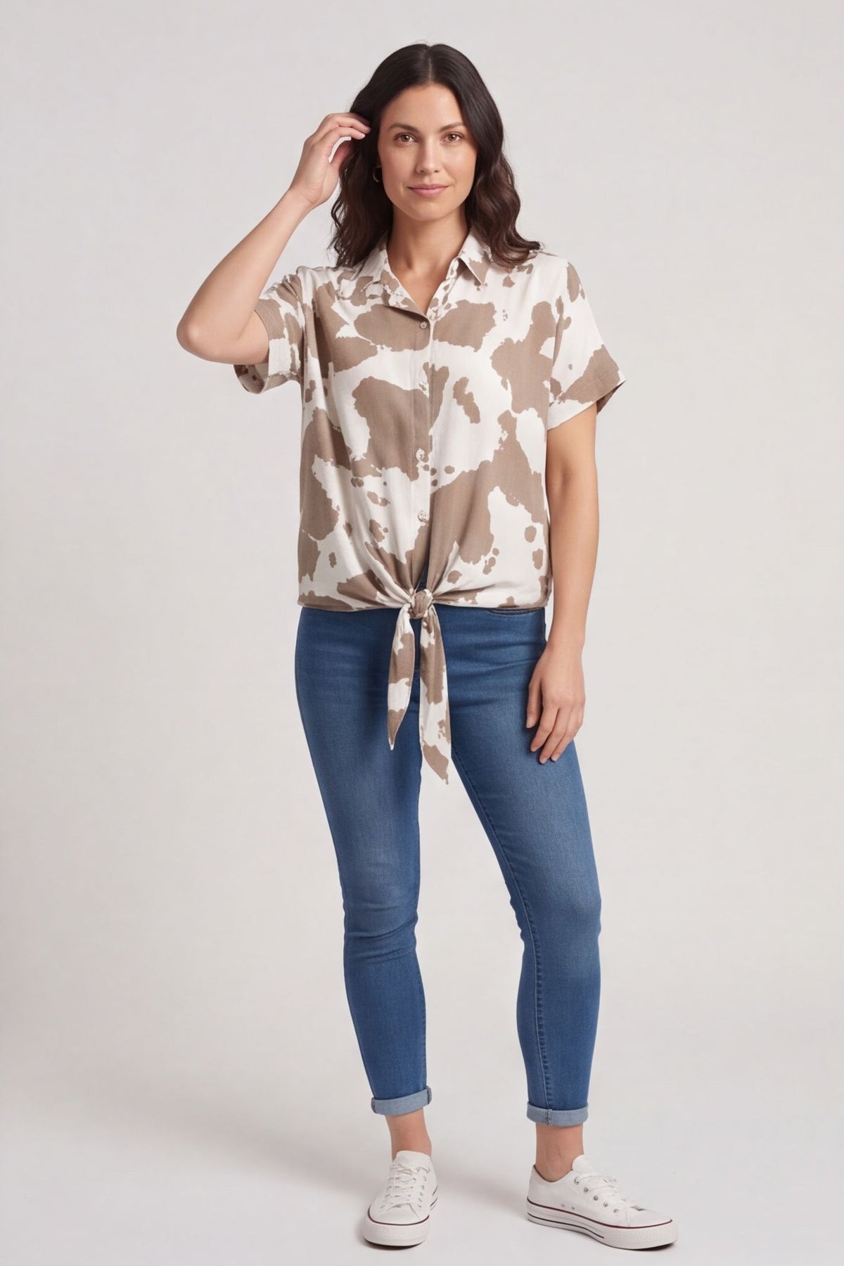 Edna Print Tie Shirt Mocha – image 2 of 5