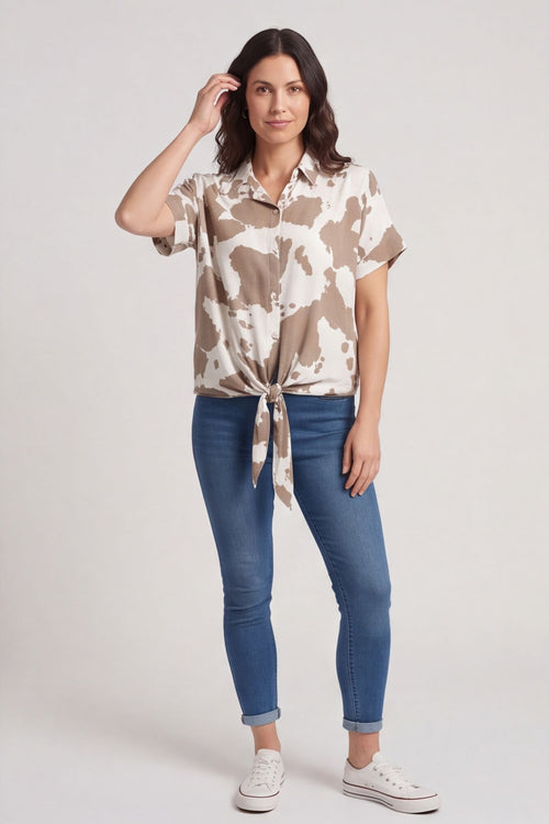 Edna Print Tie Shirt Mocha – image 2 of 5