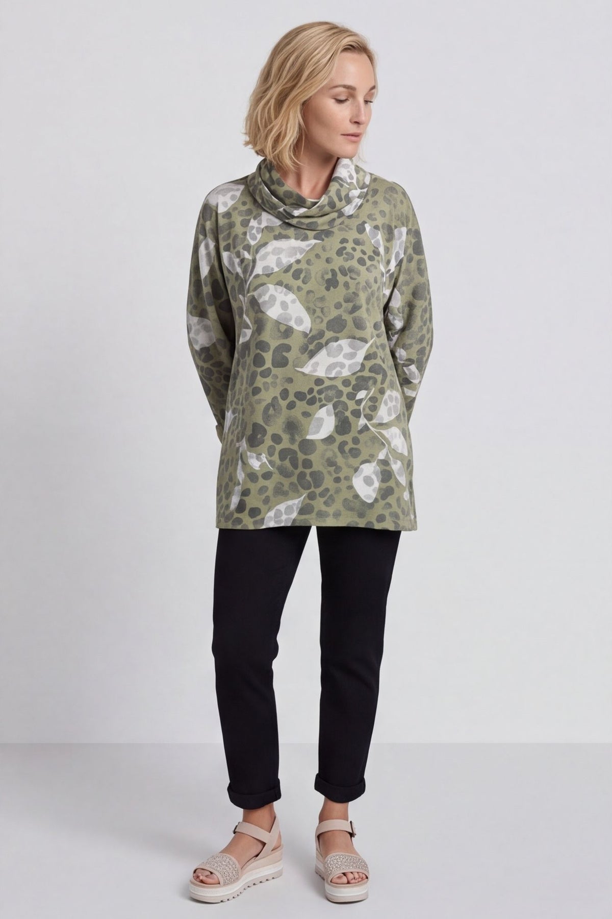 Beryl Print Cowl Neck Cotton Top Green – image 2 of 6