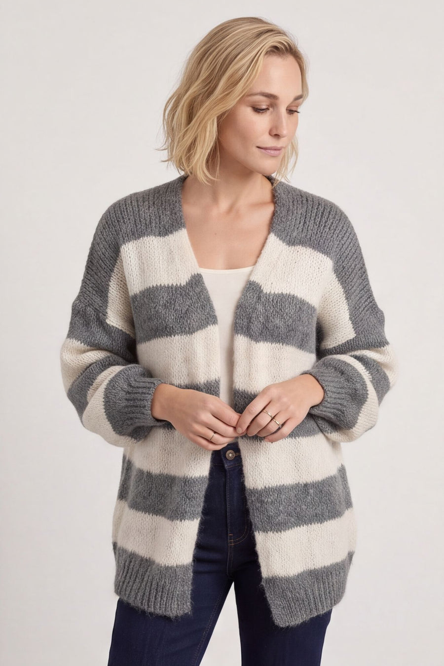 Kennedy Stripe Knitted Cardigan Mid Grey – image 2 of 6