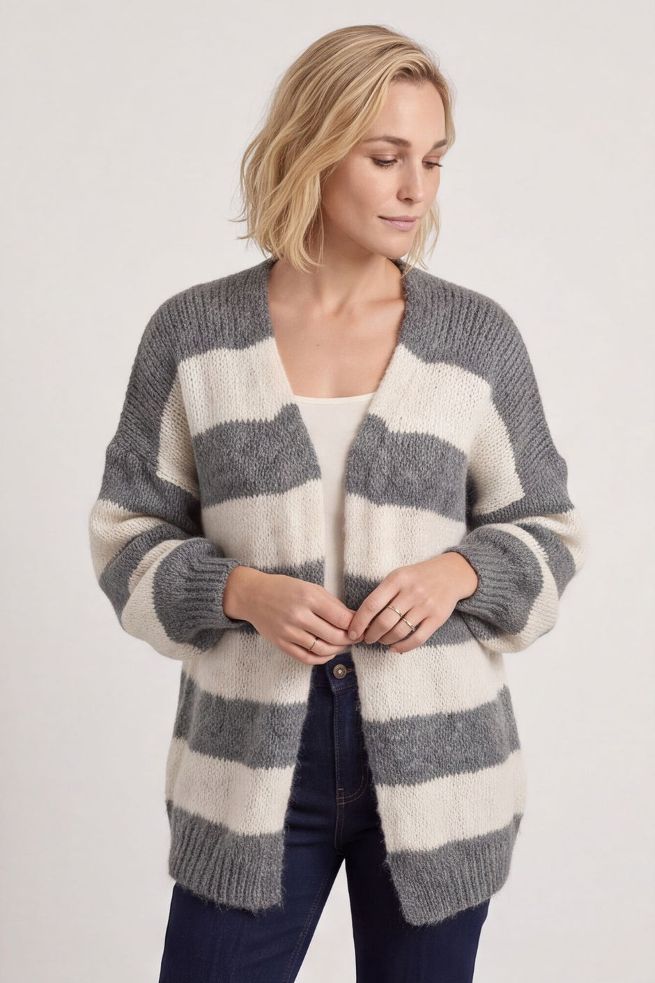 Kennedy Stripe Knitted Cardigan Mid Grey – image 2 of 6